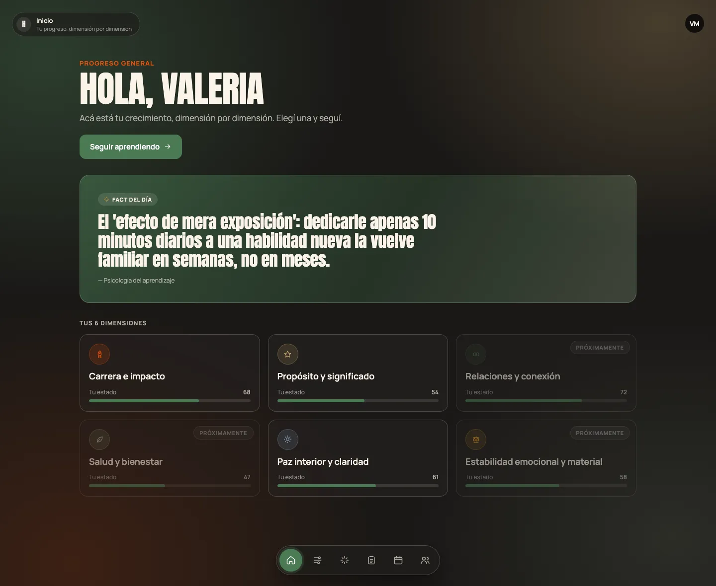 Inicio de la app: progreso por dimensión